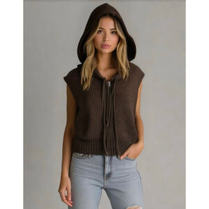 Dazy Women's Brown Hooded Sleeveless Ribbed Sweater Drawstring Sz XL Cottagecore